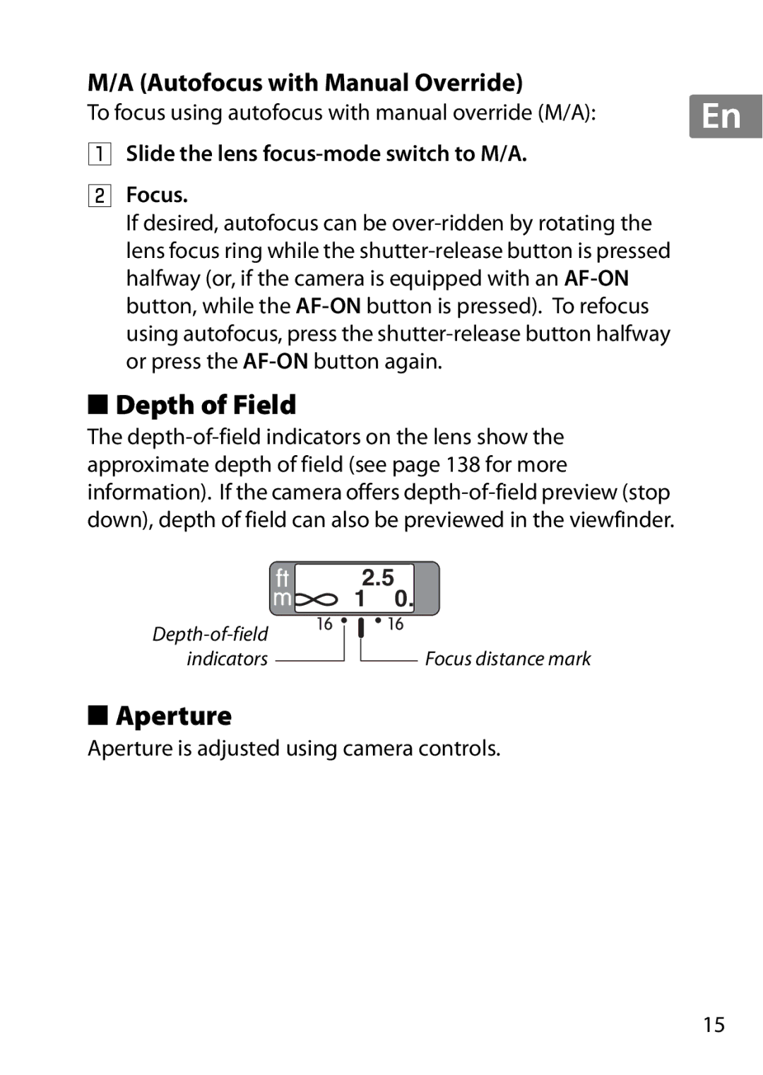 Nikon 2198 Depth of Field, Aperture, Autofocus with Manual Override, To focus using autofocus with manual override M/A 