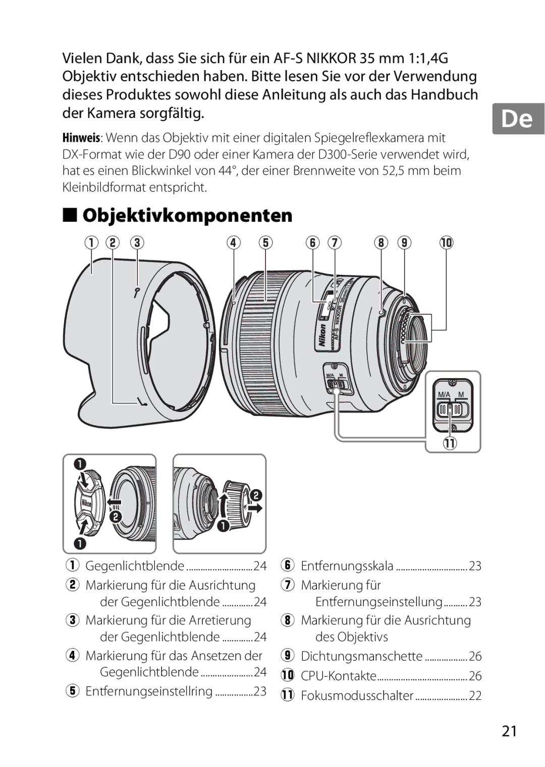 Nikon 35mmf14G, AF-S Objektivkomponenten, Markierung für die Arretierung, Markierung für die Ausrichtung des Objektivs 