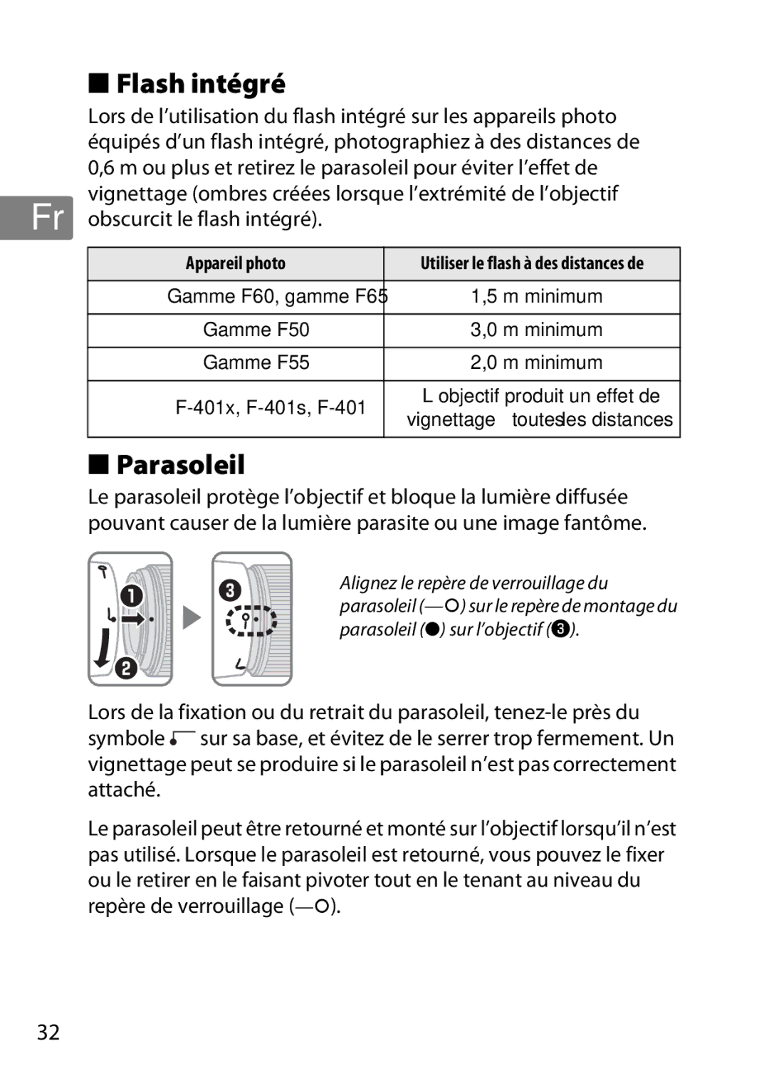 Nikon AF-S, 35mmf14G, 35mm f/1.4G, 2198 user manual Flash intégré, Parasoleil, Utiliser le flash à des distances de 