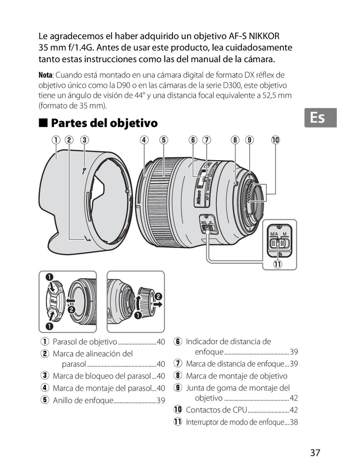 Nikon 35mmf14G, AF-S, 35mm f/1.4G Partes del objetivo, Formato de 35 mm, Marca de alineación del, Indicador de distancia de 