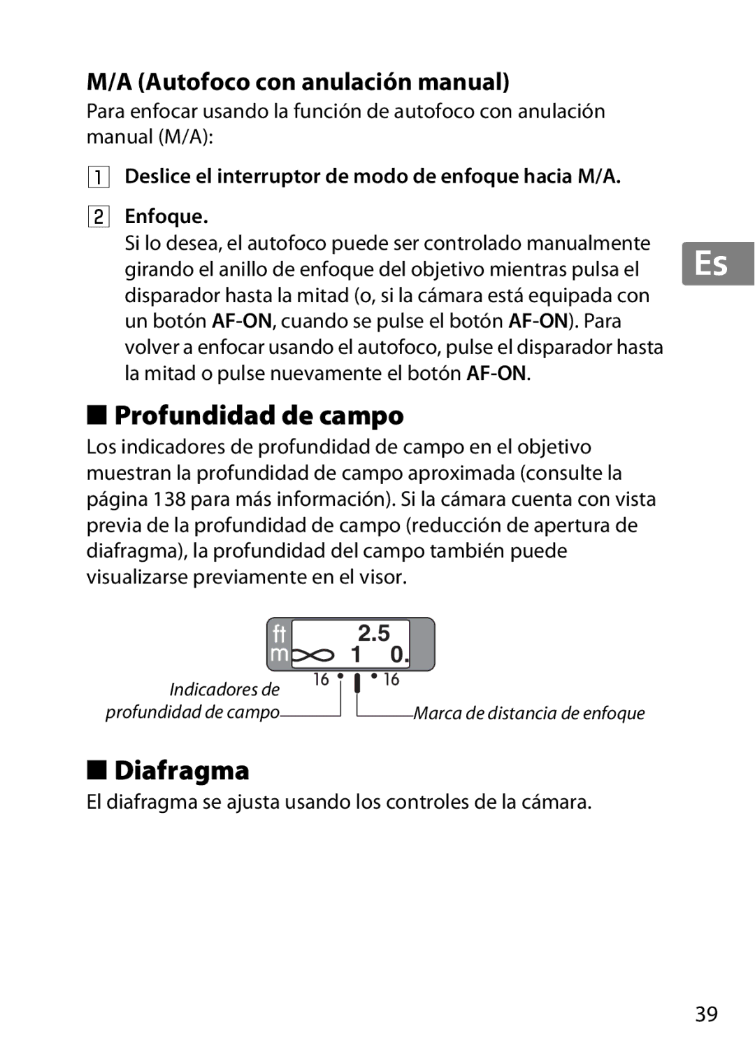 Nikon 2198, AF-S, 35mmf14G, 35mm f/1.4G user manual Profundidad de campo, Diafragma, Autofoco con anulación manual 