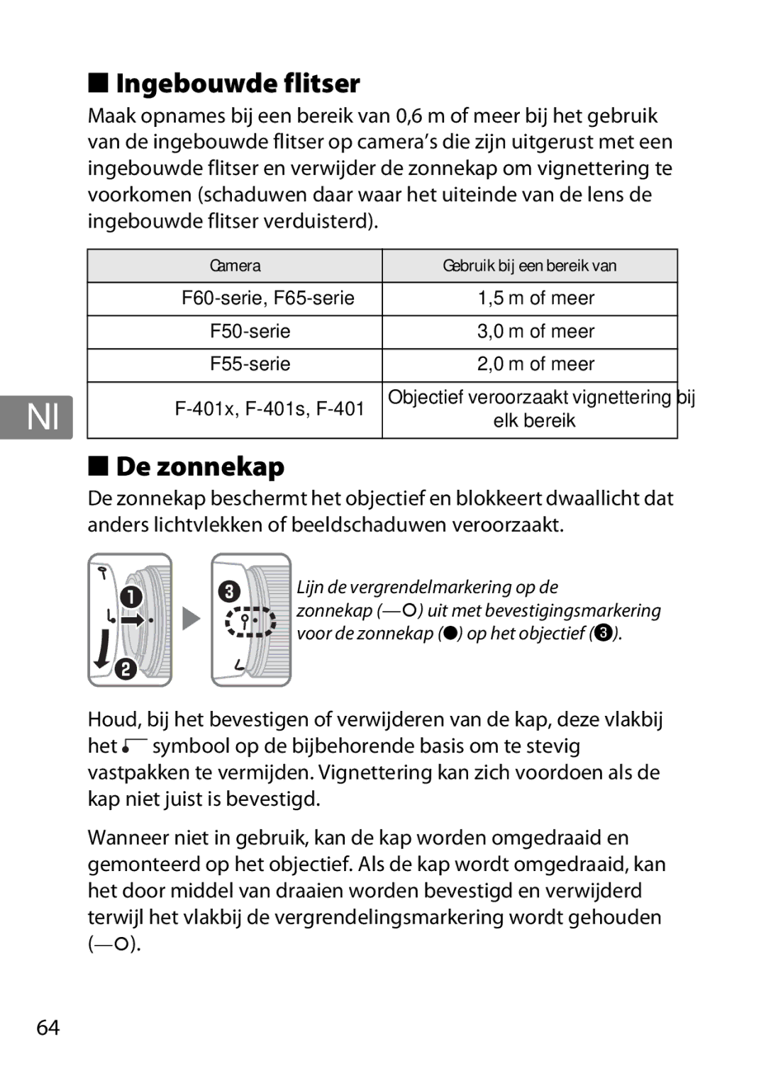 Nikon AF-S, 35mmf14G, 35mm f/1.4G, 2198 user manual Ingebouwde flitser, De zonnekap 