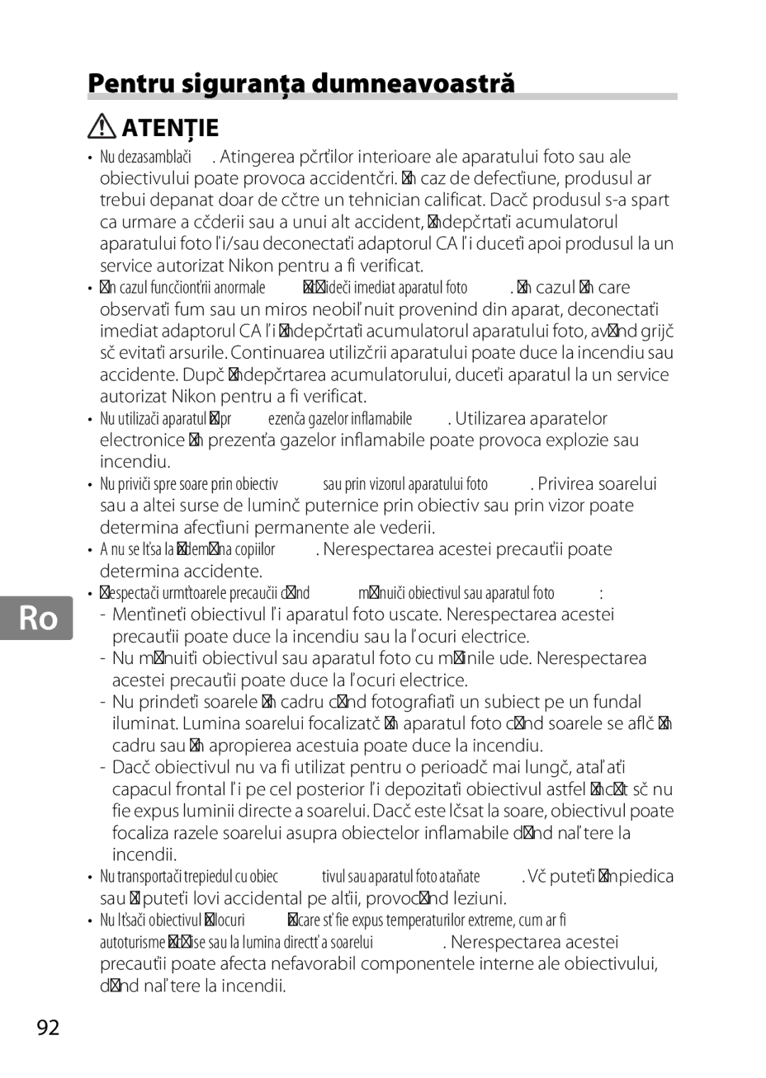 Nikon AF-S, 35mmf14G, 35mm f/1.4G, 2198 user manual Pentru siguranţa dumneavoastră, Atenţie 