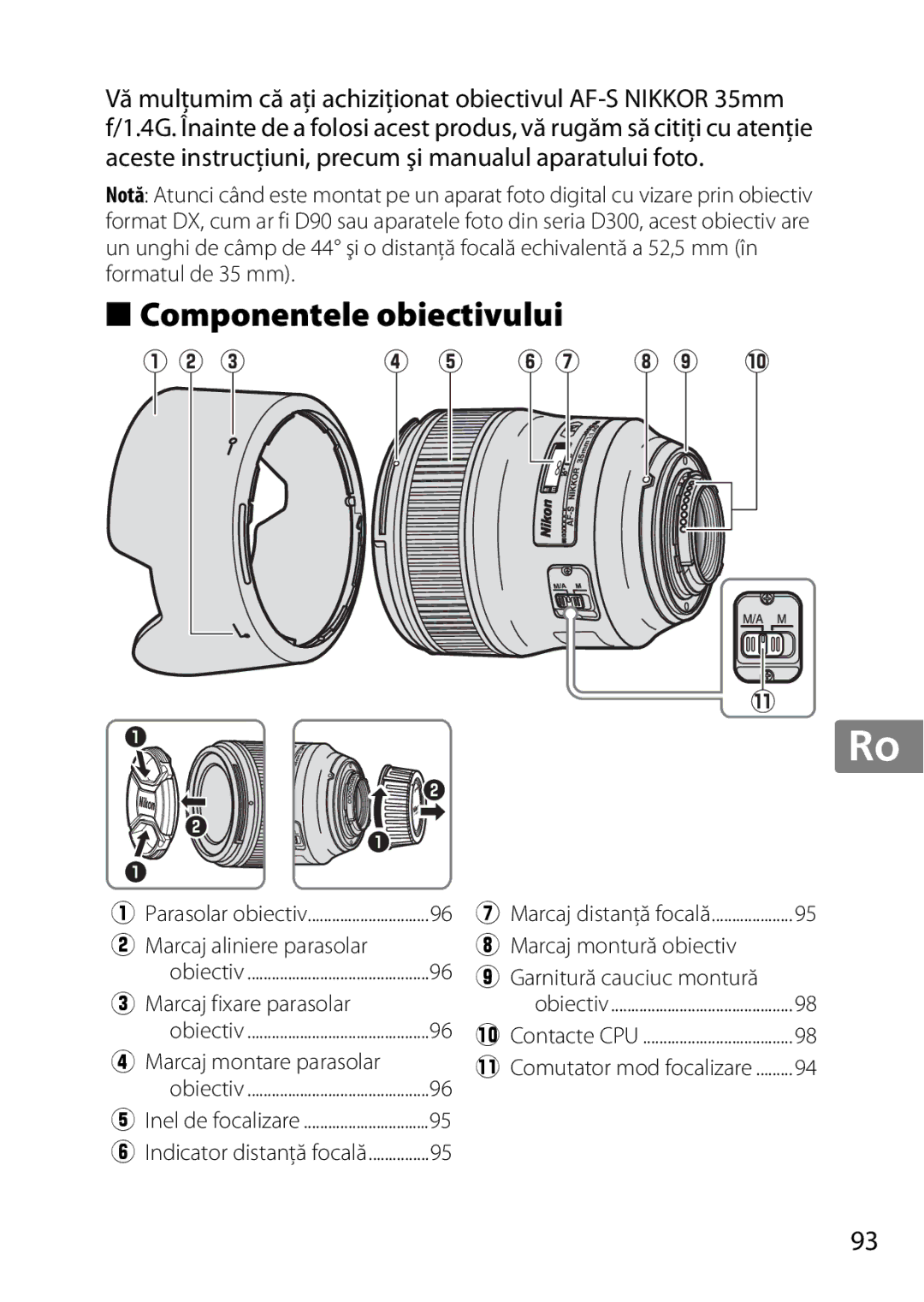 Nikon 35mmf14G Componentele obiectivului, Marcaj aliniere parasolar, Marcaj fixare parasolar, Marcaj montare parasolar 