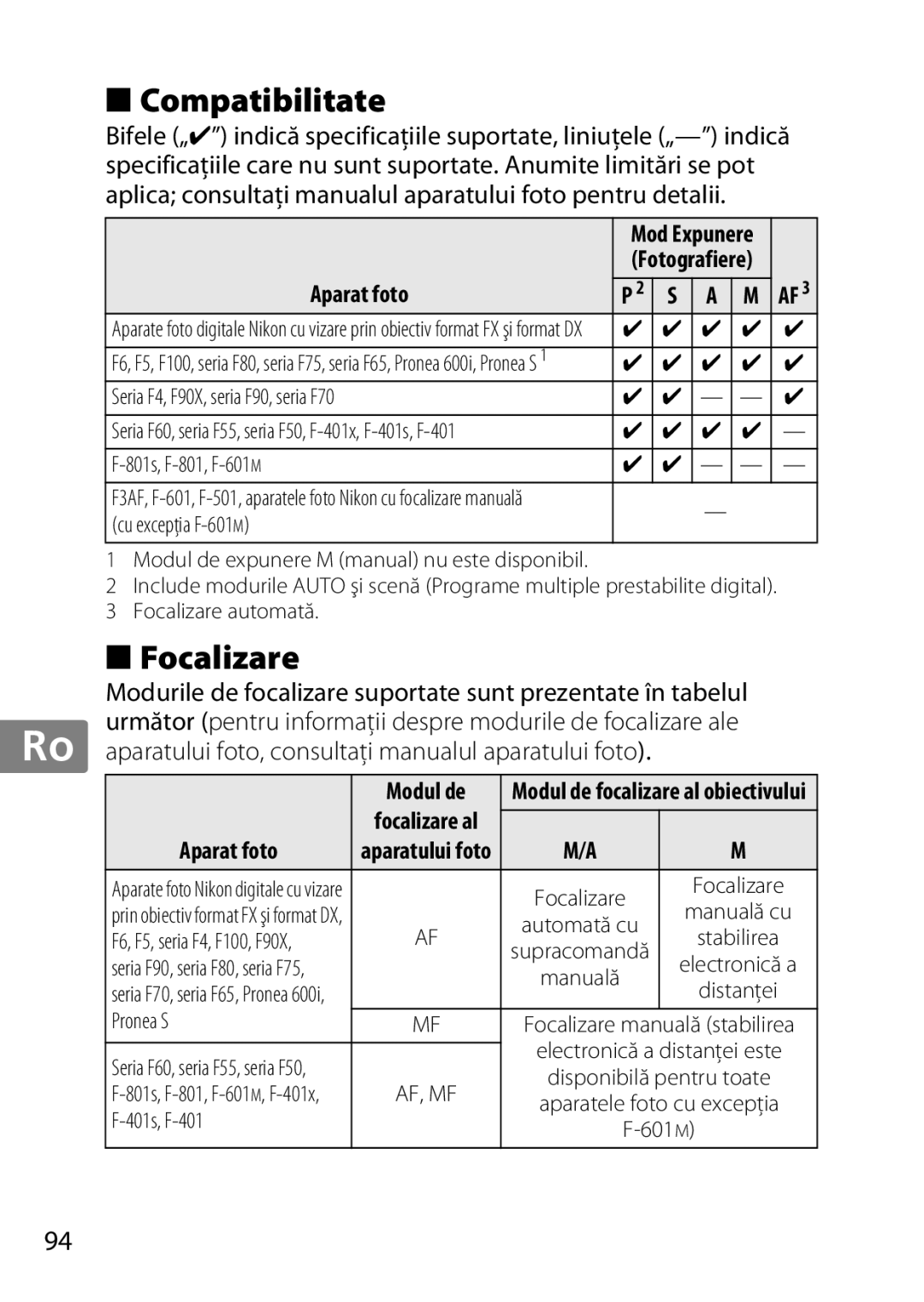 Nikon 35mm f/1.4G Compatibilitate, Focalizare, Aparat foto, Aparatului foto, consultaţi manualul aparatului foto, Modul de 