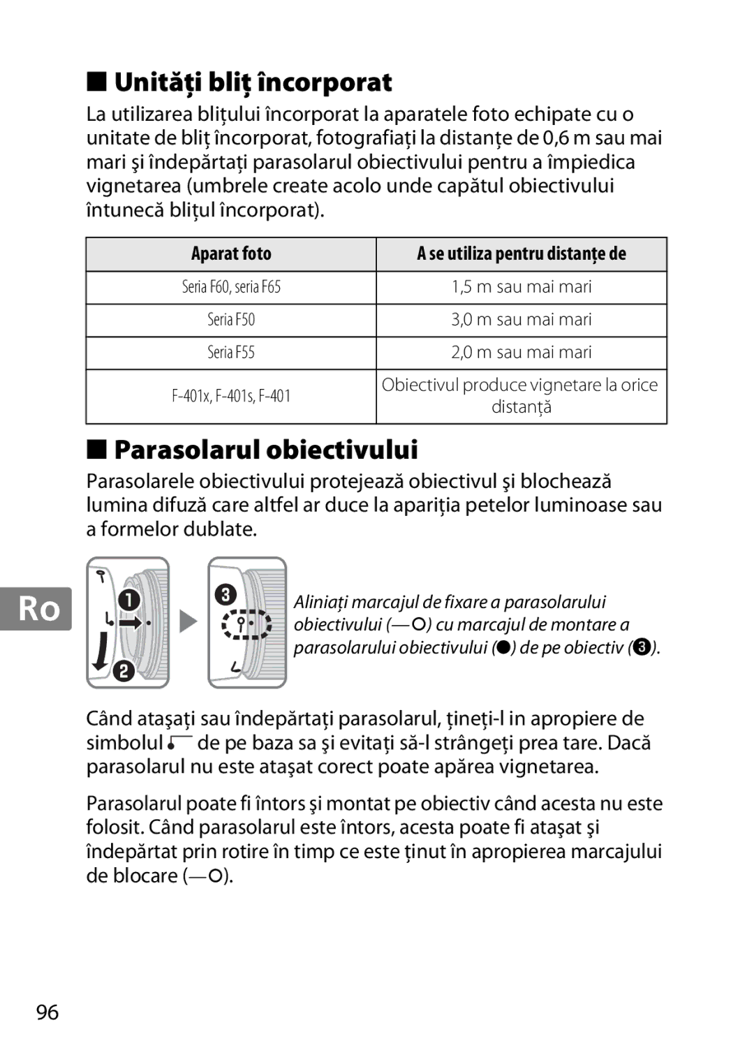 Nikon AF-S, 35mmf14G, 35mm f/1.4G, 2198 Unităţi bliţ încorporat, Parasolarul obiectivului, Se utiliza pentru distanţe de 