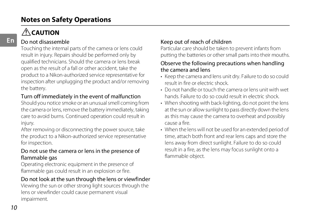 Nikon AF-S DX NIKKOR user manual En Do not disassemble, Turn off immediately in the event of malfunction 