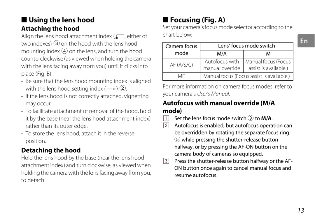 Nikon AF-S DX NIKKOR user manual Using the lens hood, Focusing Fig. a, Attaching the hood, Detaching the hood 