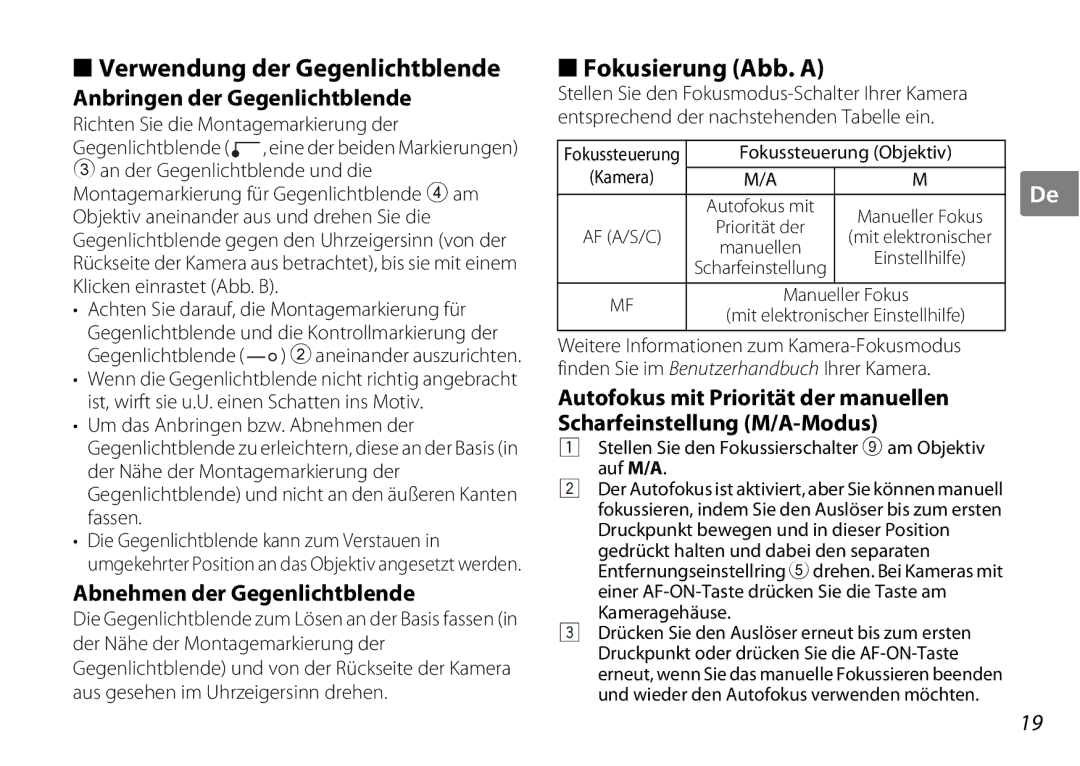 Nikon AF-S DX NIKKOR user manual Verwendung der Gegenlichtblende, Fokusierung Abb. a, Anbringen der Gegenlichtblende 