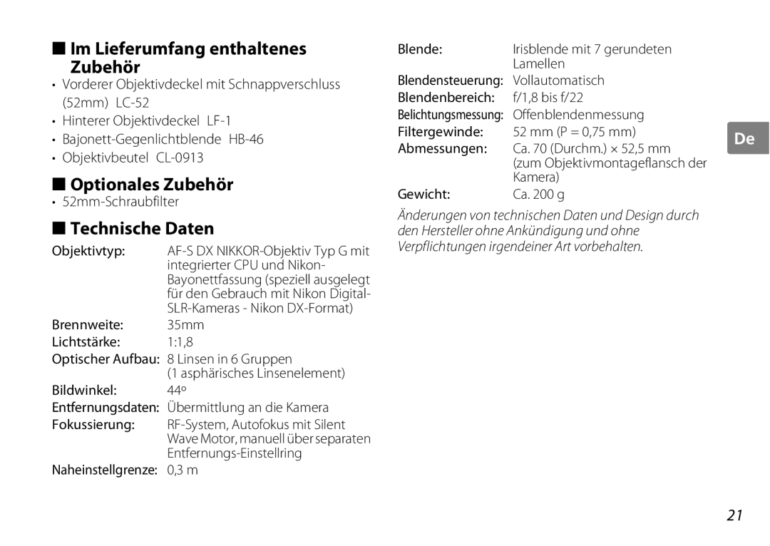 Nikon AF-S DX NIKKOR Im Lieferumfang enthaltenes Zubehör, Optionales Zubehör, Technische Daten, 52mm-Schraubfilter 