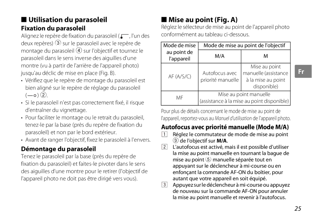 Nikon AF-S DX NIKKOR Utilisation du parasoleil, Mise au point Fig. a, Fixation du parasoleil, Démontage du parasoleil 