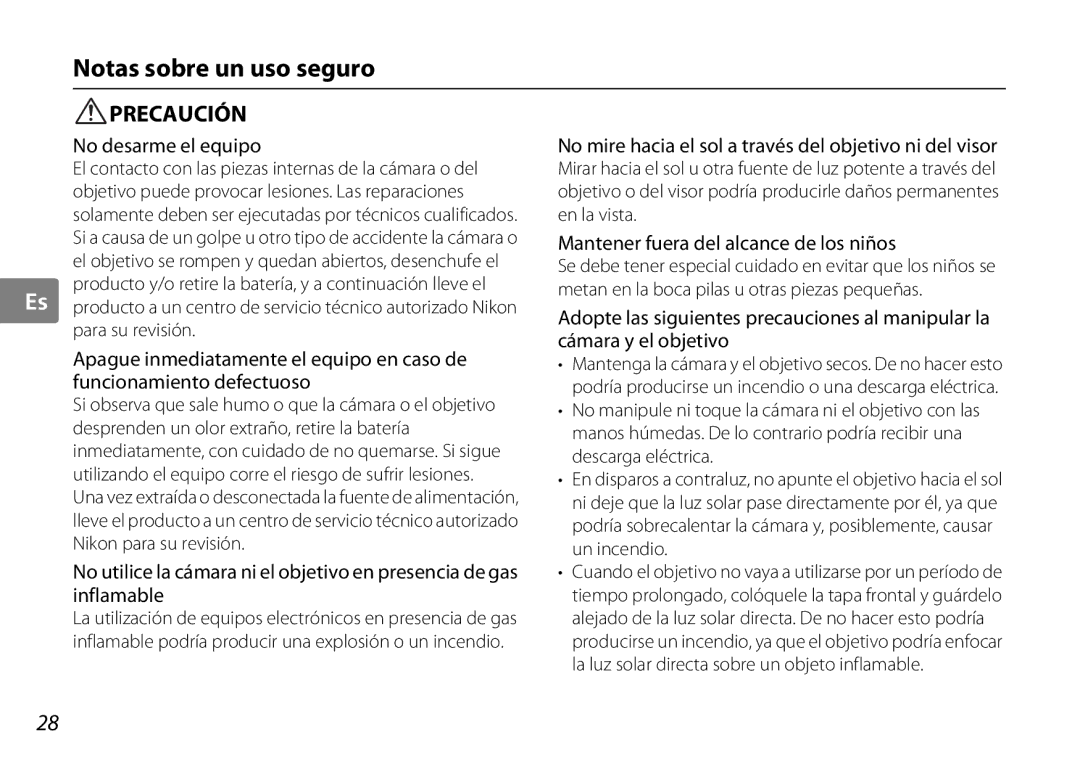 Nikon AF-S DX NIKKOR user manual Notas sobre un uso seguro, No desarme el equipo, Mantener fuera del alcance de los niños 