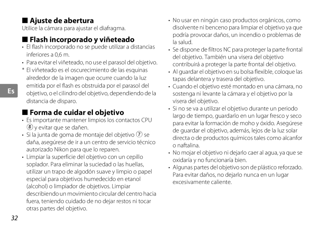 Nikon AF-S DX NIKKOR user manual Ajuste de abertura, Flash incorporado y viñeteado, Forma de cuidar el objetivo 