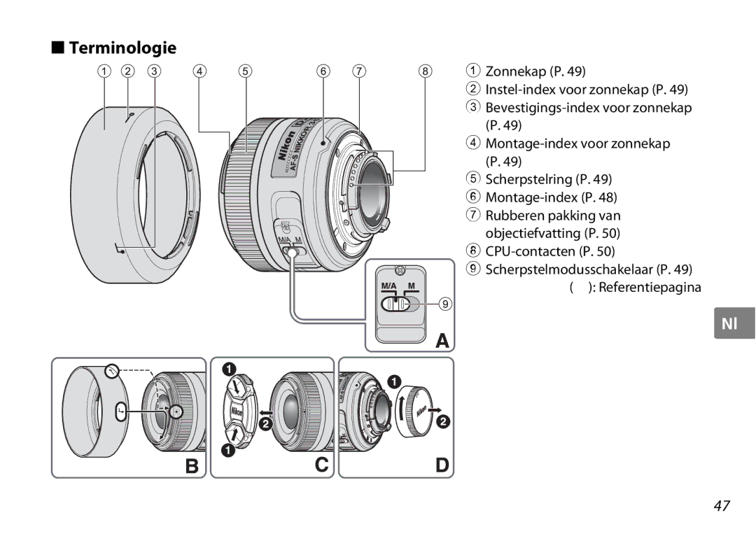 Nikon AF-S DX NIKKOR user manual Terminologie, CPU-contacten P, Scherpstelmodusschakelaar P Referentiepagina 