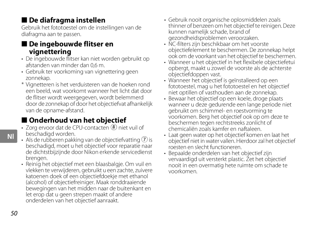 Nikon AF-S DX NIKKOR user manual De diafragma instellen, De ingebouwde flitser en Vignettering, Onderhoud van het objectief 