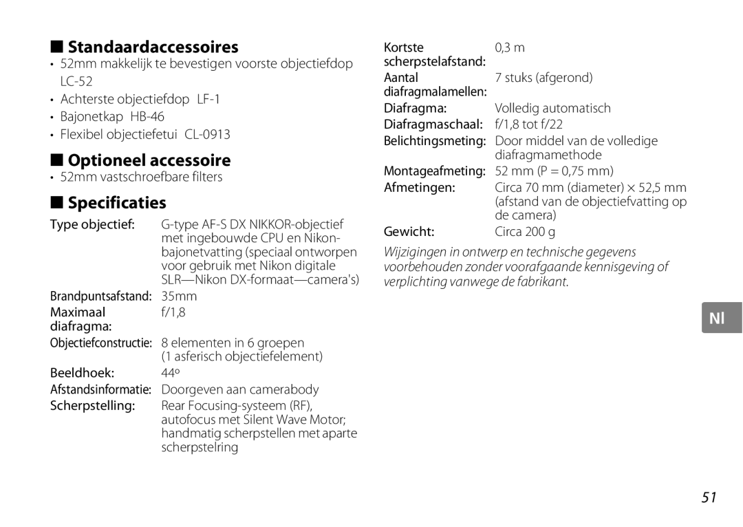 Nikon AF-S DX NIKKOR user manual Standaardaccessoires, Optioneel accessoire, Specificaties, 52mm vastschroefbare filters 