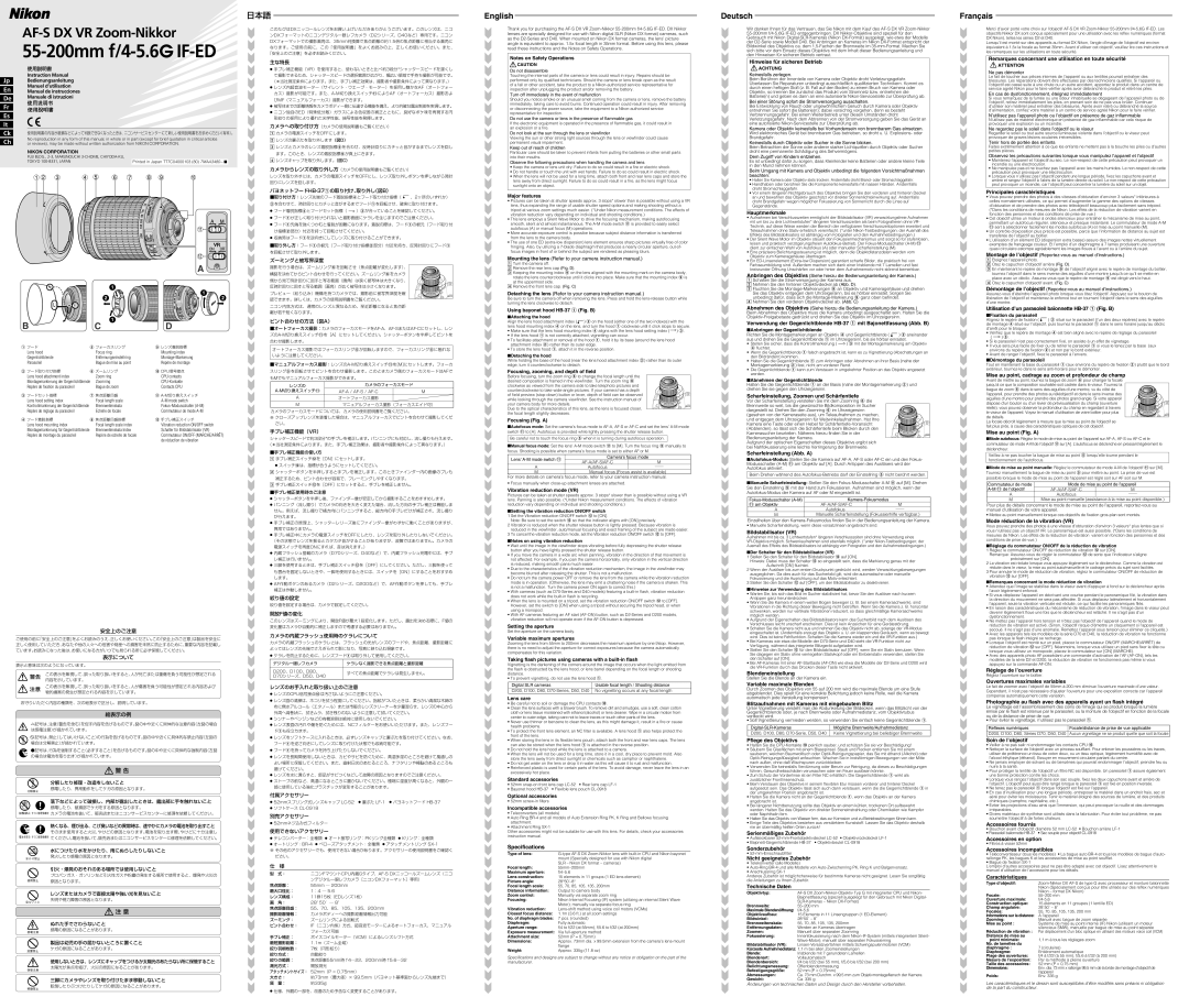 Nikon 2166 specifications Hinweise für sicheren Betrieb, Hauptmerkmale, Principales caractéristiques, Bildstabilisator VR 