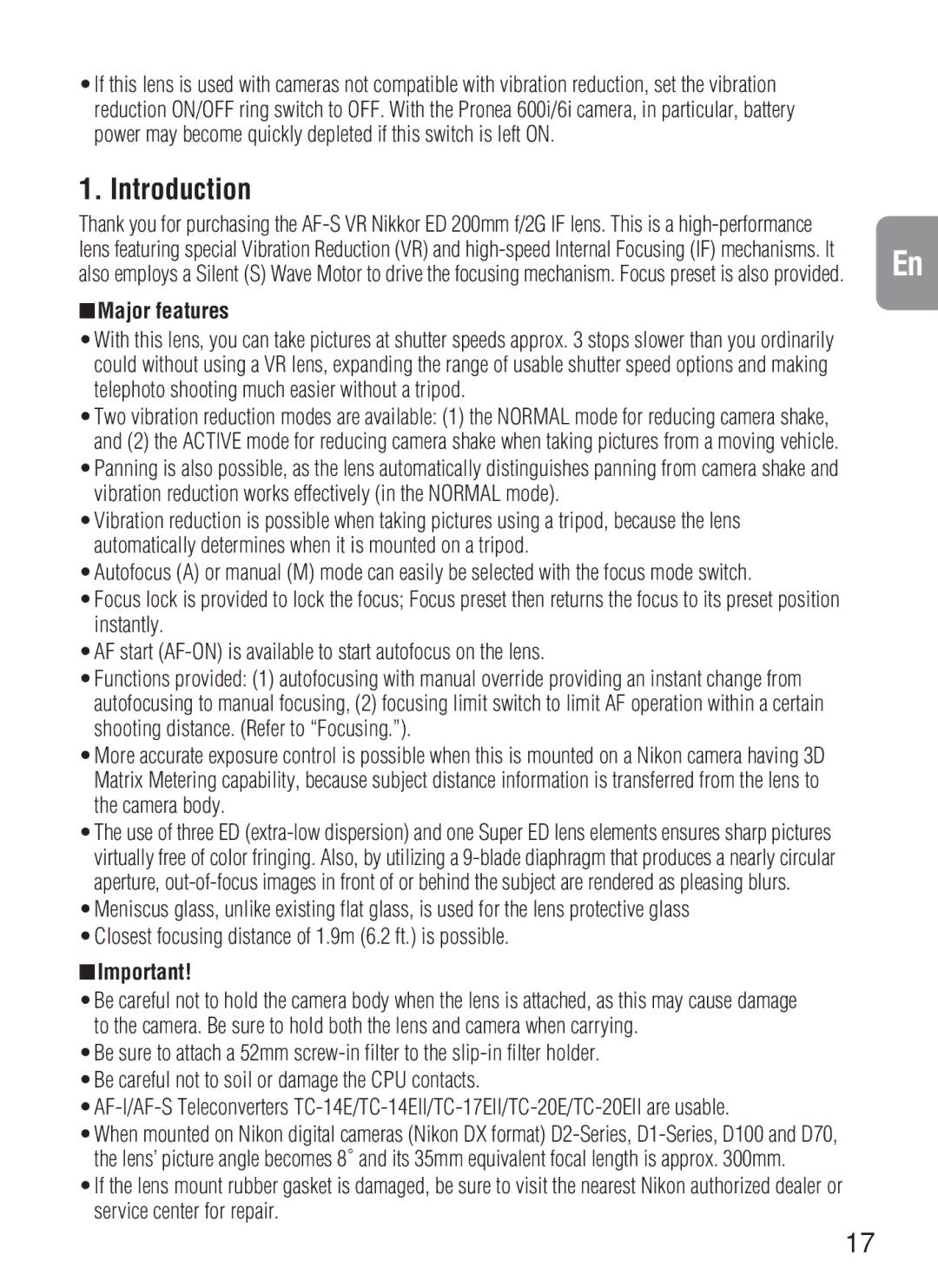 Nikon 2188, AF-S VR instruction manual Introduction, Major features 