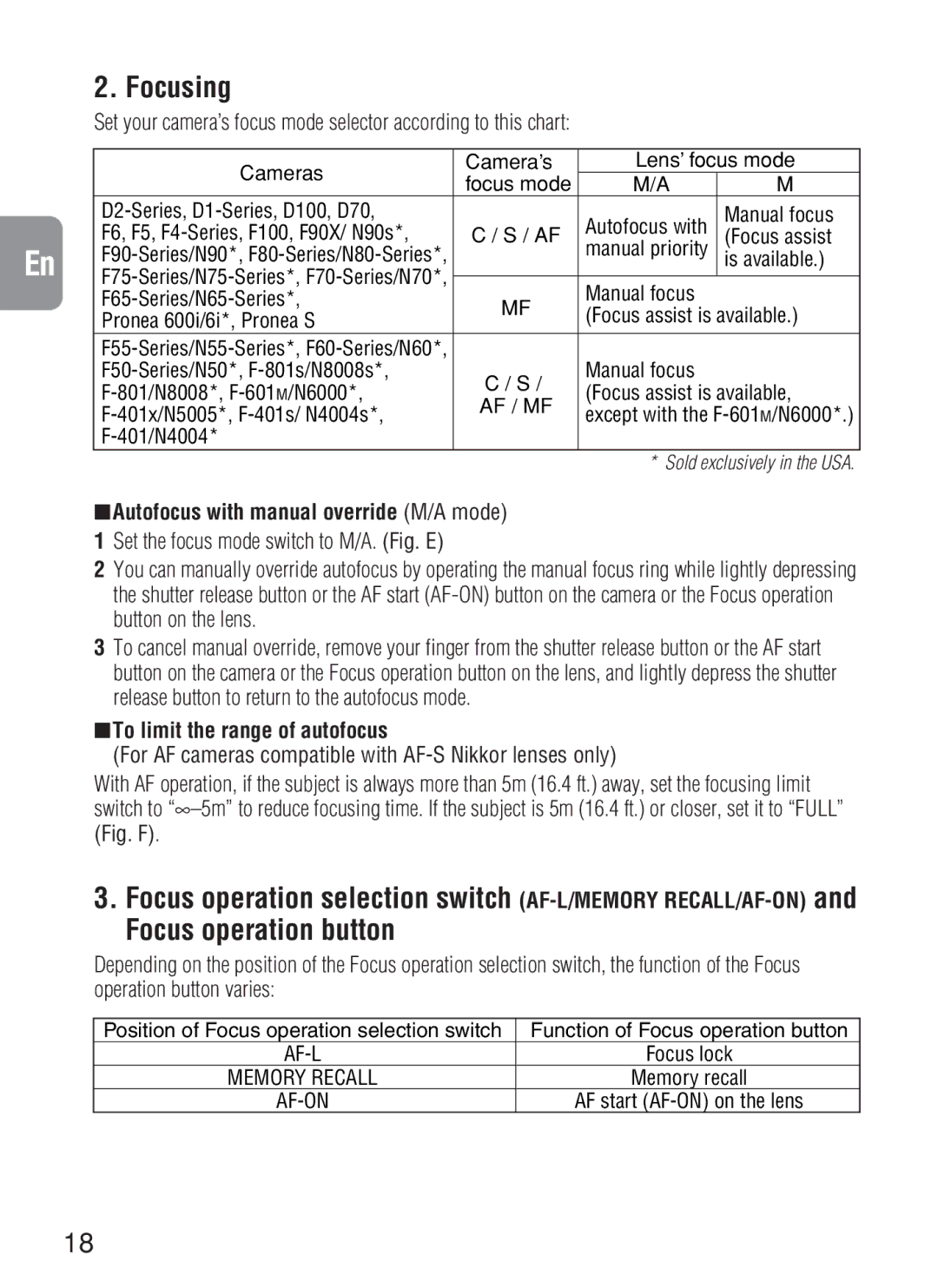 Nikon AF-S VR, 2188 instruction manual Focusing, Autofocus with manual override M/A mode, To limit the range of autofocus 