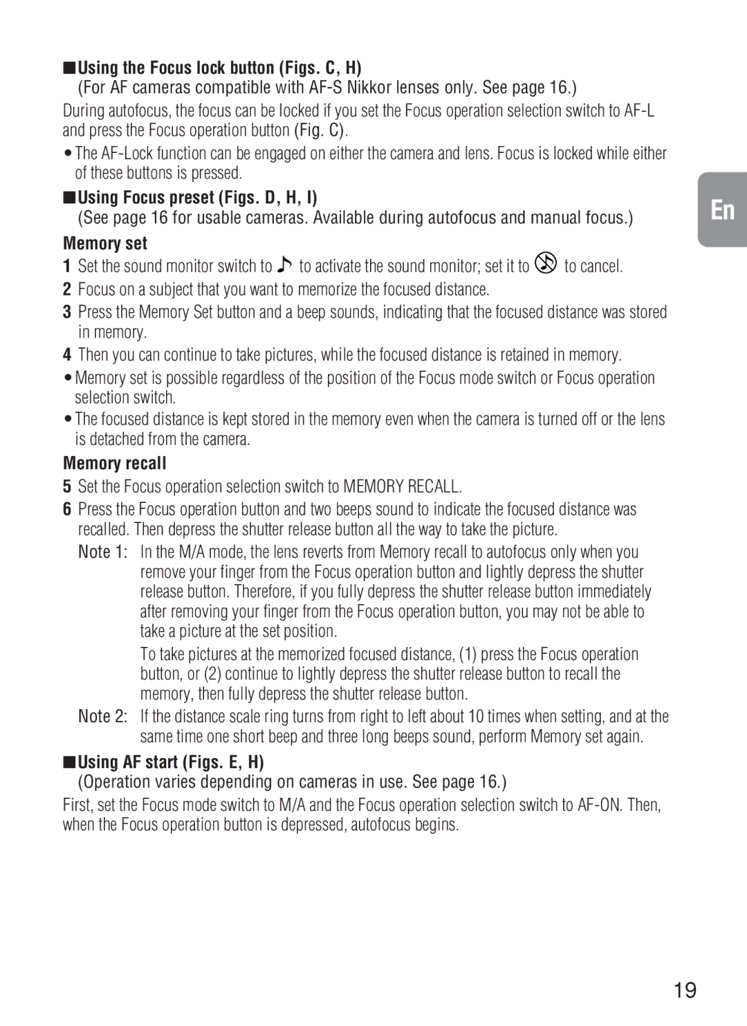 Nikon 2188, AF-S VR Using the Focus lock button Figs. C, H, Using Focus preset Figs. D, H, Memory set, Memory recall 