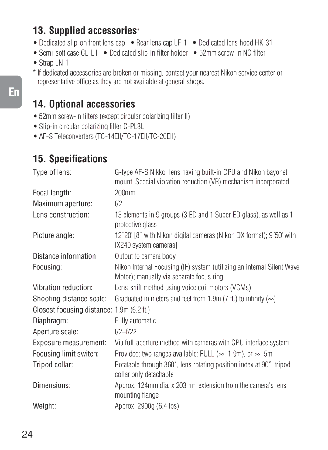 Nikon AF-S VR, 2188 instruction manual Supplied accessories, Optional accessories, Specifications 