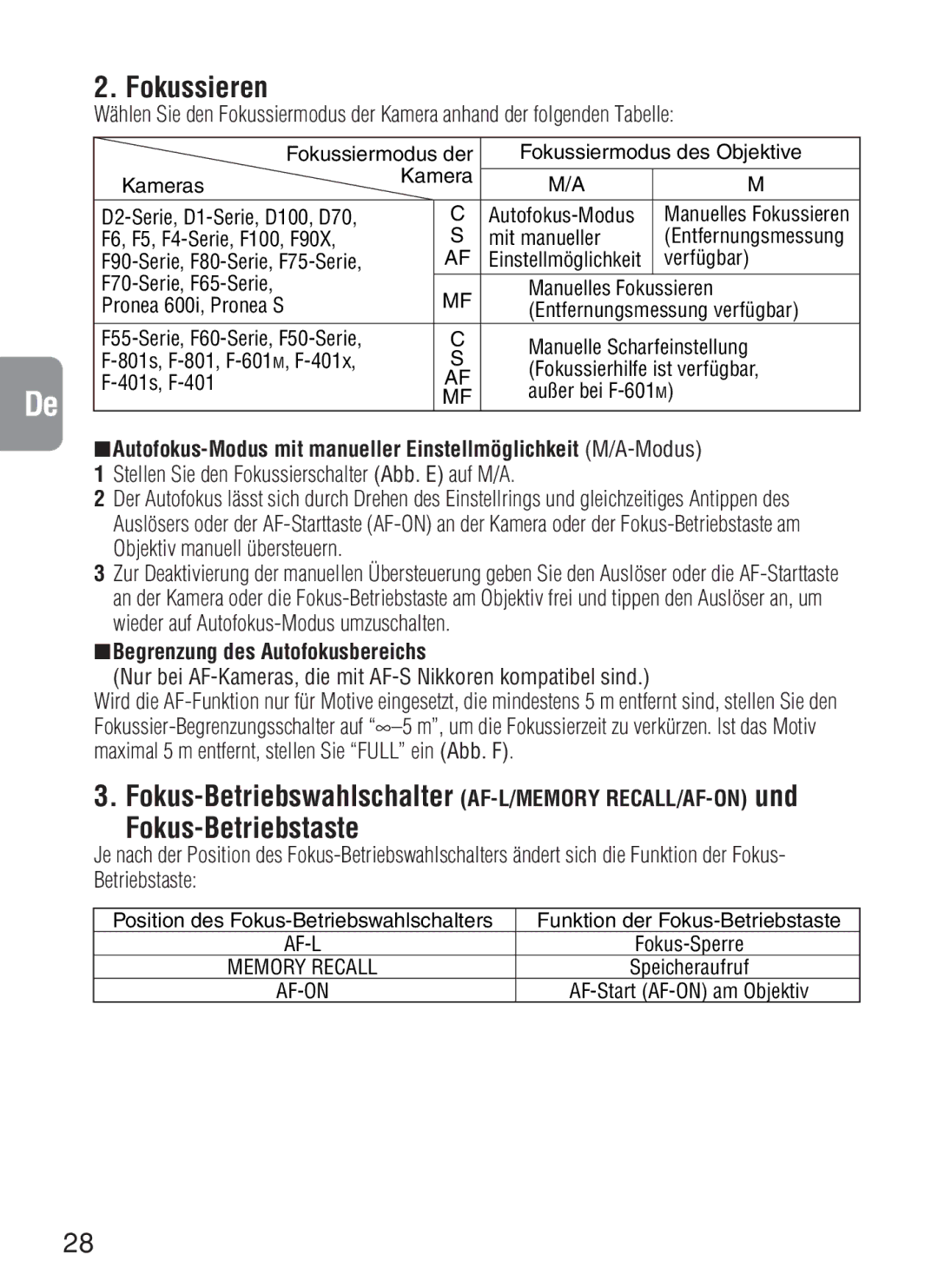 Nikon AF-S VR Fokussieren, Autofokus-Modus mit manueller Einstellmöglichkeit M/A-Modus, Begrenzung des Autofokusbereichs 