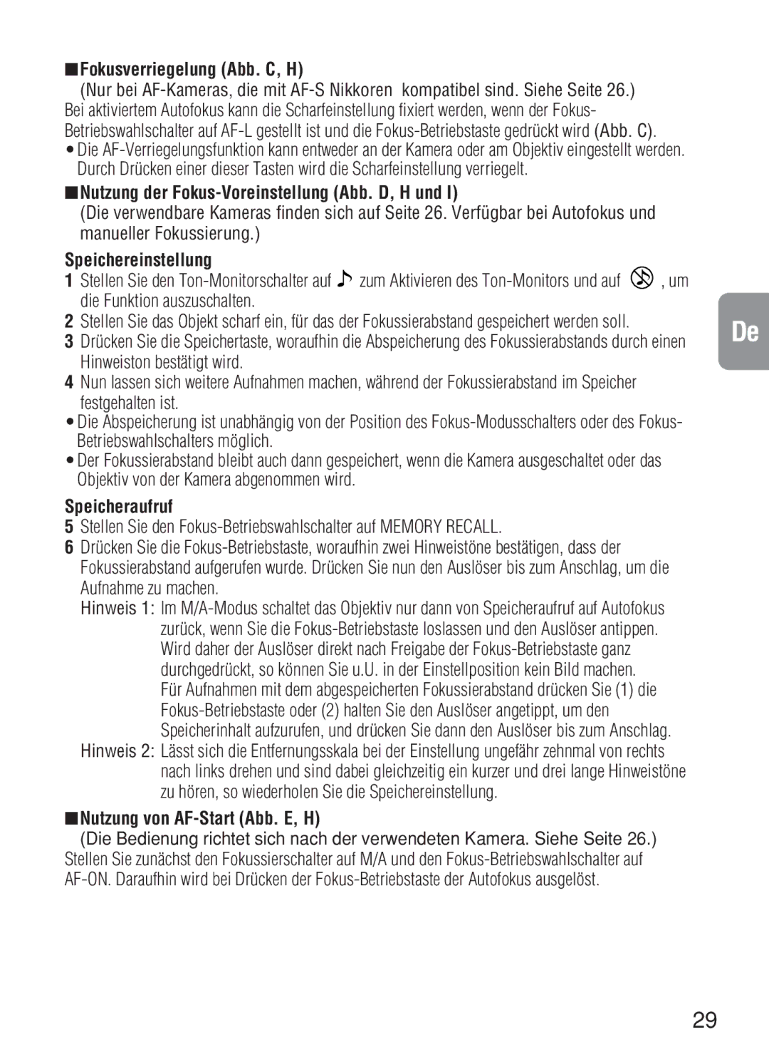 Nikon 2188, AF-S VR Fokusverriegelung Abb. C, H, Nutzung der Fokus-Voreinstellung Abb. D, H und, Speichereinstellung 