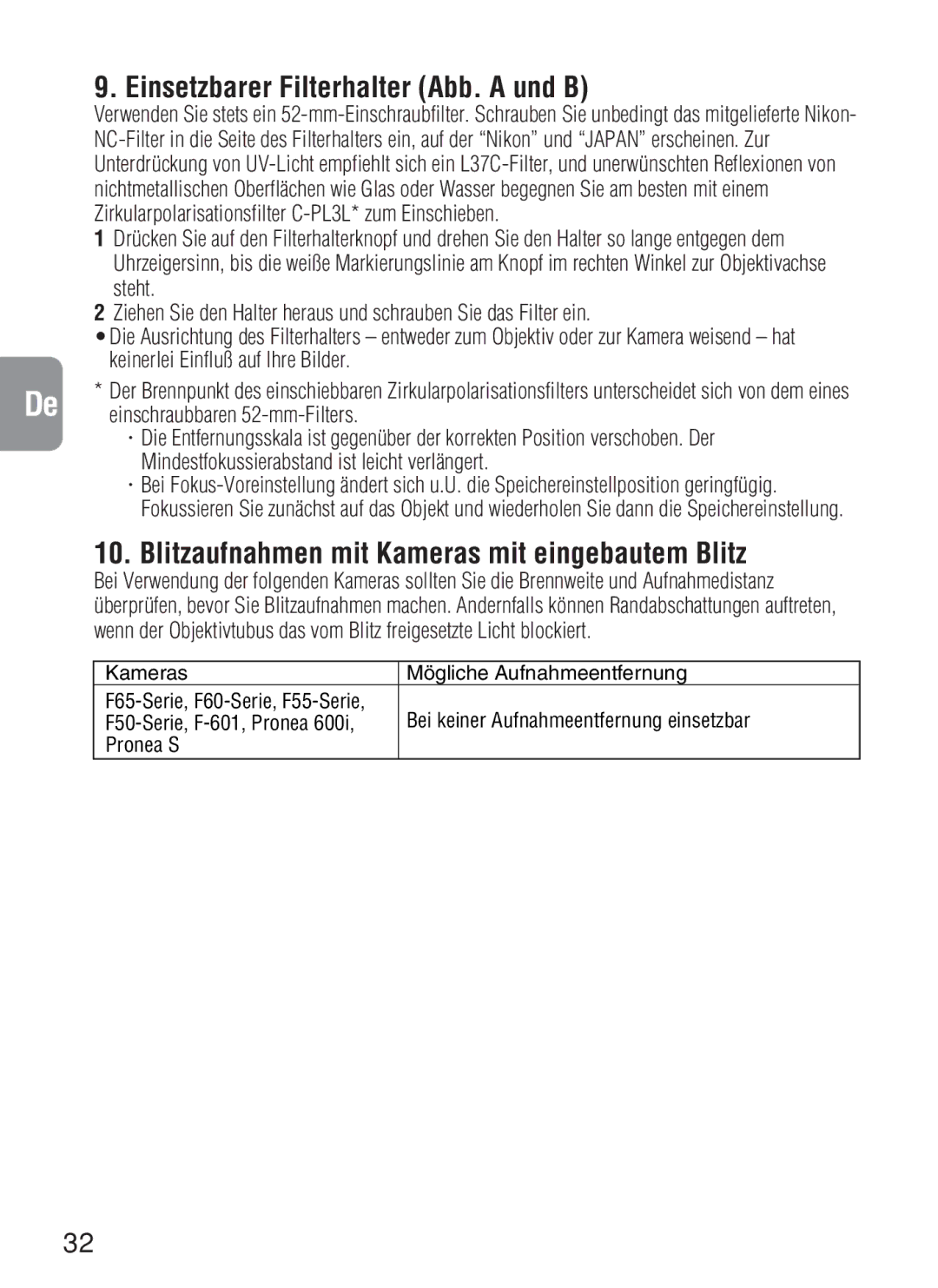 Nikon AF-S VR, 2188 instruction manual Einsetzbarer Filterhalter Abb. a und B, Mindestfokussierabstand ist leicht verlängert 