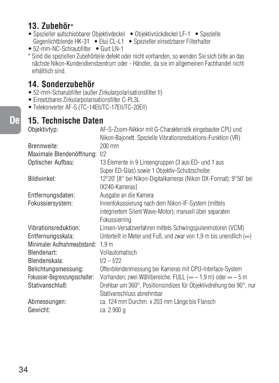 Nikon AF-S VR, 2188 instruction manual Zubehör, Sonderzubehör, De 15. Technische Daten 