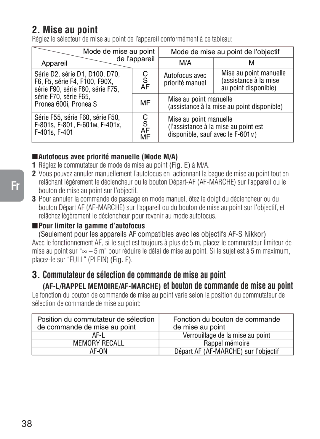 Nikon AF-S VR, 2188 Mise au point, Autofocus avec priorité manuelle Mode M/A, Bouton de mise au point sur lobjectif 