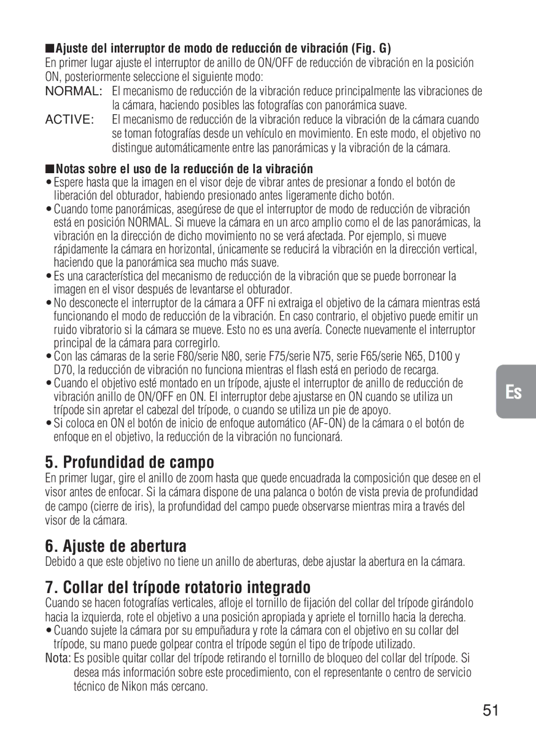 Nikon 2188, AF-S VR instruction manual Profundidad de campo, Ajuste de abertura, Collar del trípode rotatorio integrado 