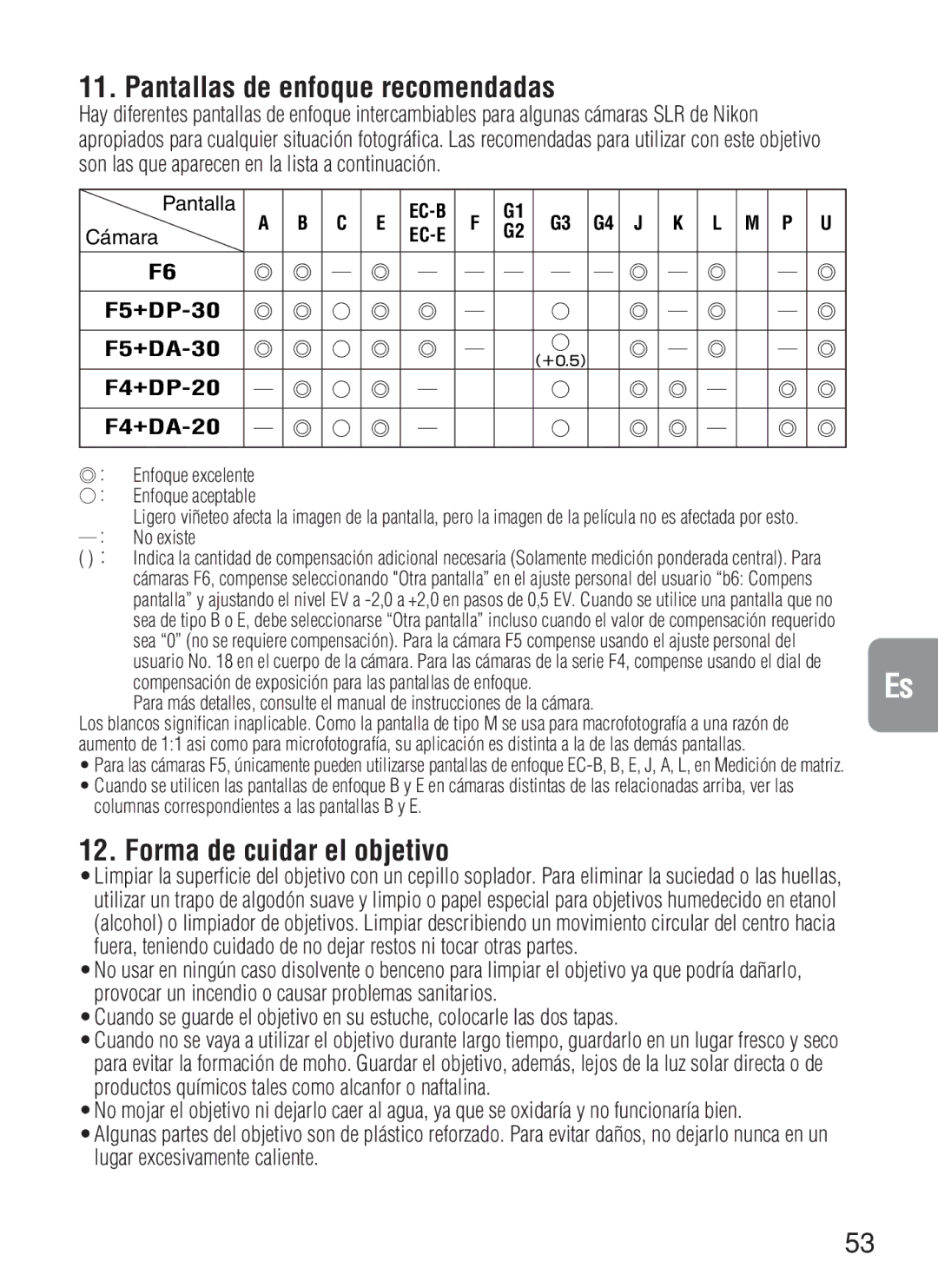 Nikon 2188, AF-S VR instruction manual Pantallas de enfoque recomendadas, Forma de cuidar el objetivo 