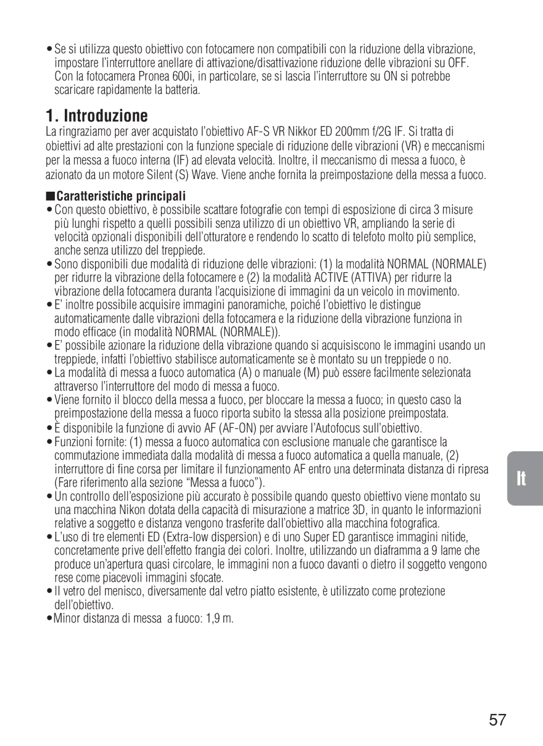 Nikon 2188, AF-S VR instruction manual Introduzione, Caratteristiche principali 