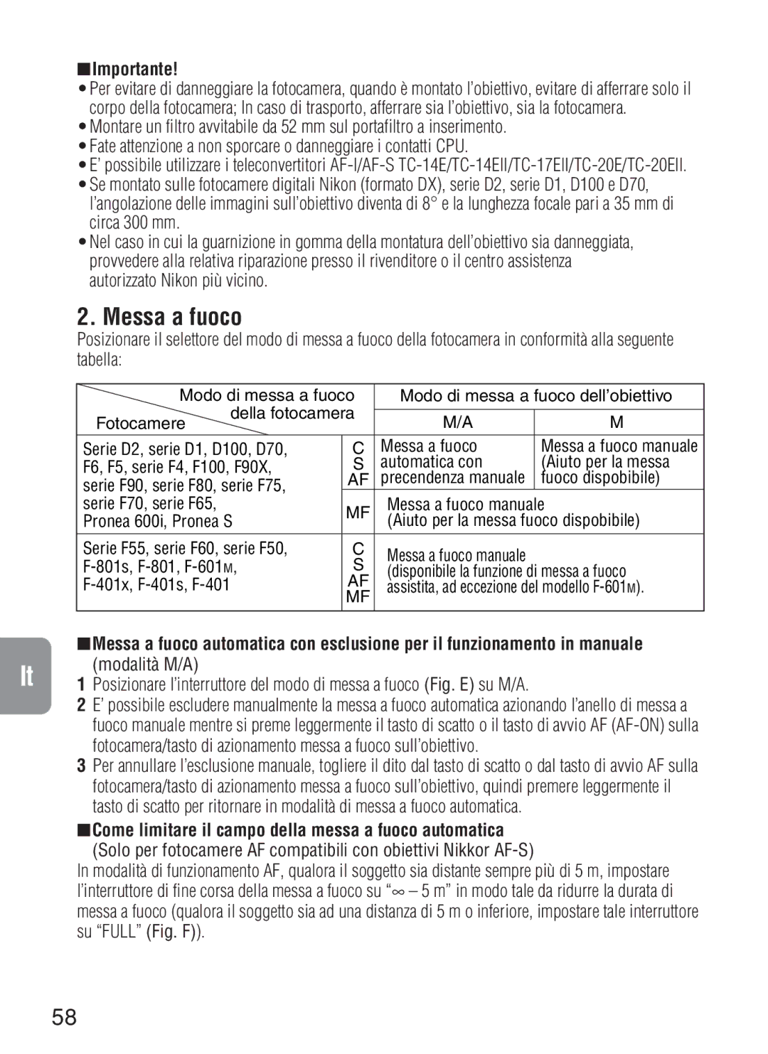 Nikon AF-S VR, 2188 instruction manual Messa a fuoco, Modalità M/A 