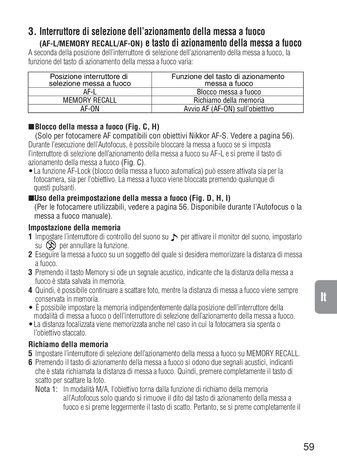 Nikon 2188, AF-S VR Blocco della messa a fuoco Fig. C, H, Uso della preimpostazione della messa a fuoco Fig. D, H 