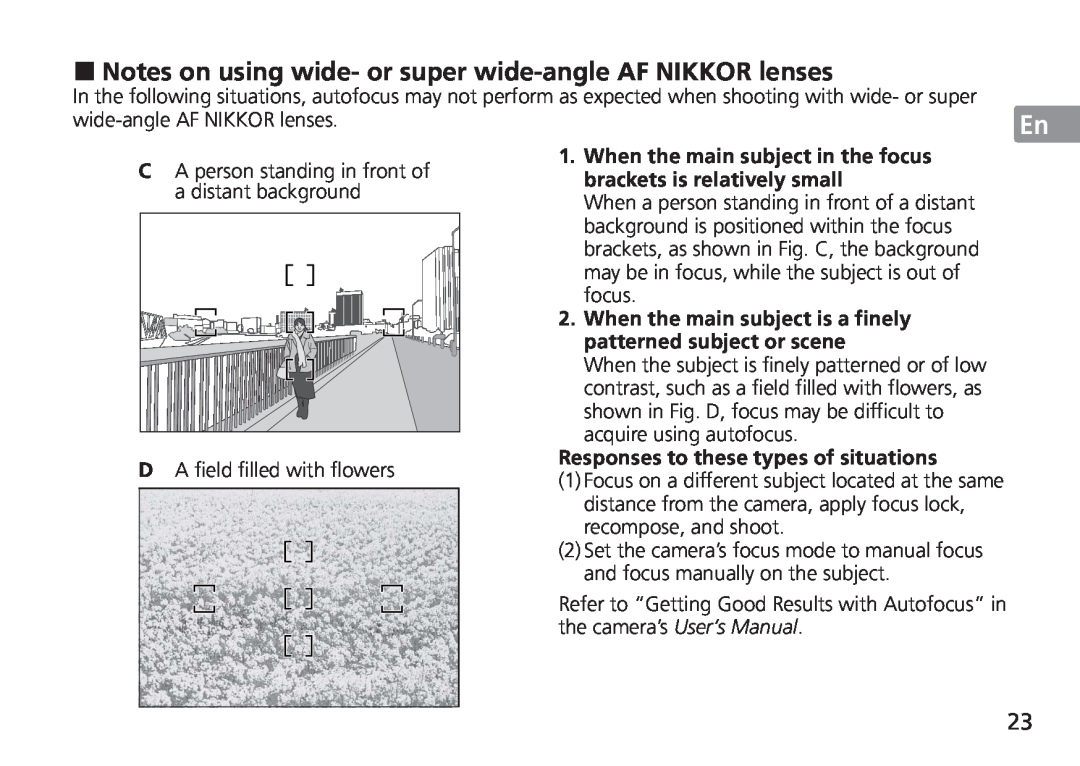 Nikon AF-S manual Notes on using wide- or super wide-angle AF NIKKOR lenses, En De Fr Es Se Ru Nl It Cz Sk Ck Ch Kr 