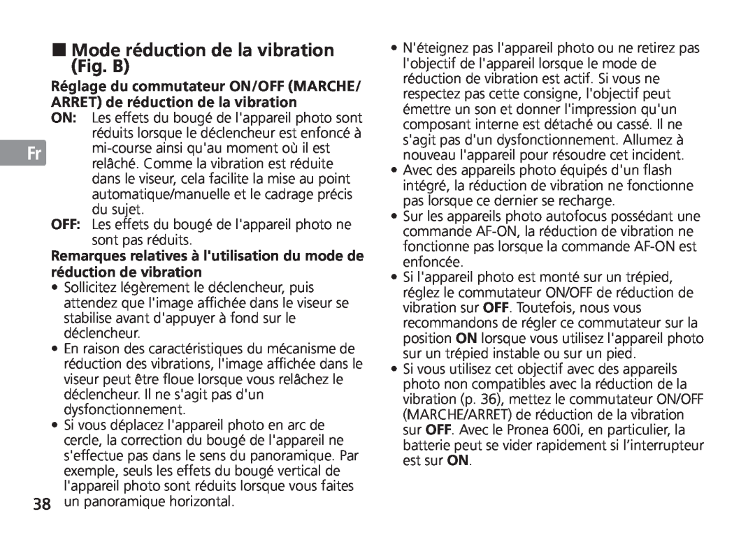 Nikon AF-S manual De ON, Mode réduction de la vibration, Fig. B, Se OFF, réduction de vibration 