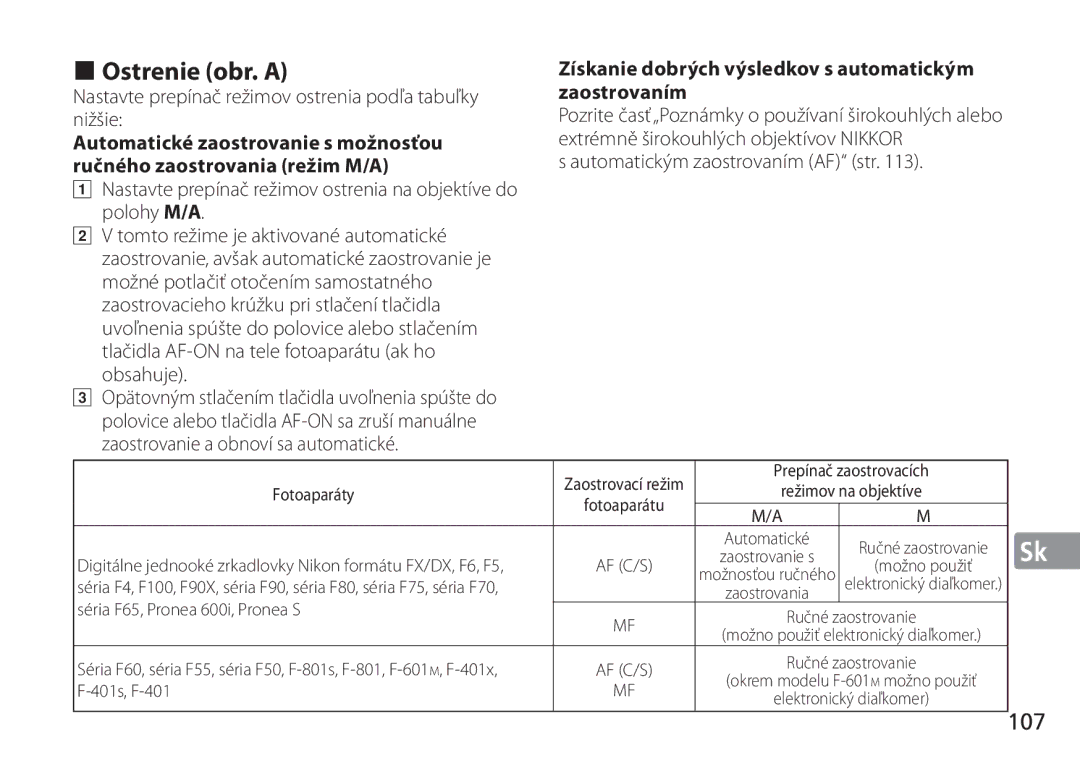 Nikon AF-S manual Ostrenie obr. a, 107, Automatické zaostrovanie s možnosťou, Ručného zaostrovania režim M/A 