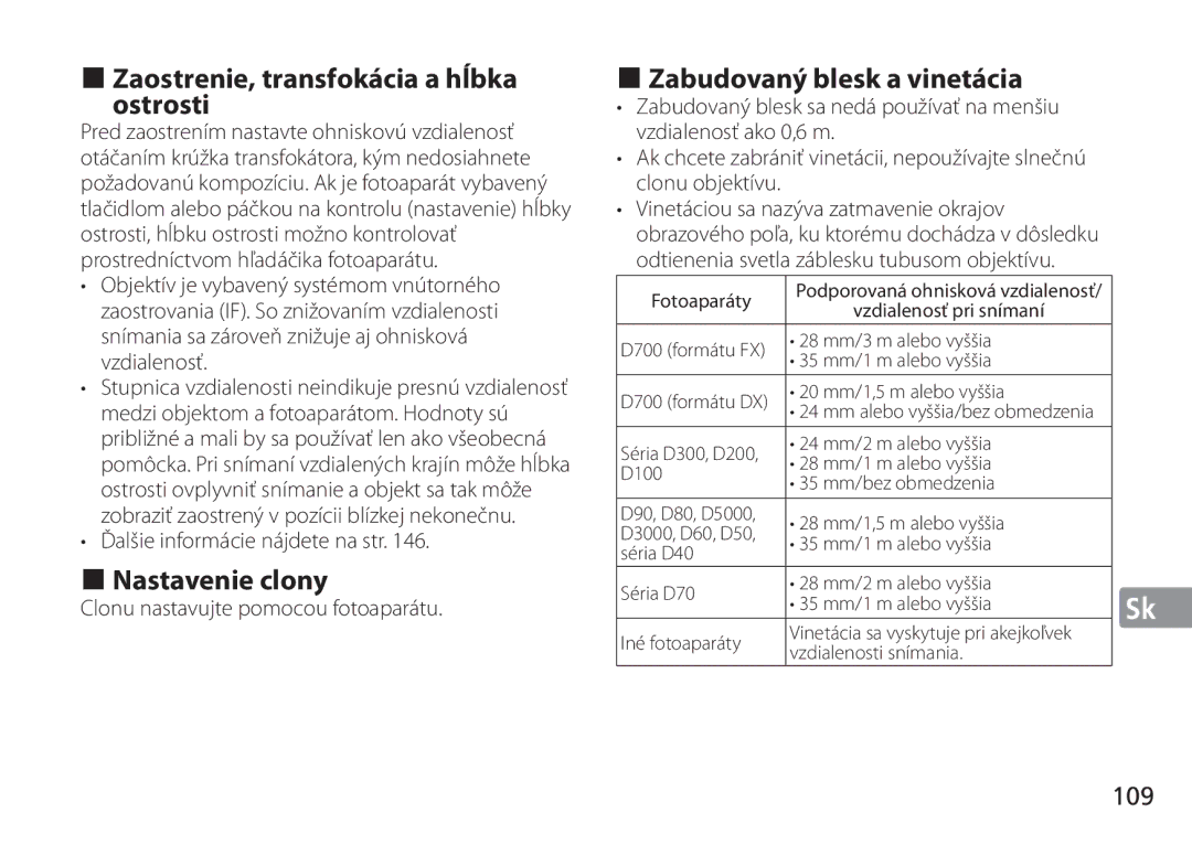 Nikon AF-S manual Zaostrenie, transfokácia a hĺbka ostrosti, Nastavenie clony, Zabudovaný blesk a vinetácia, 109 