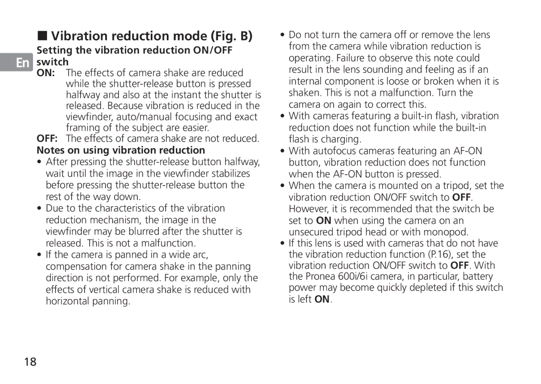 Nikon AF-S manual Vibration reduction mode Fig. B, Setting the vibration reduction ON/OFF switch 