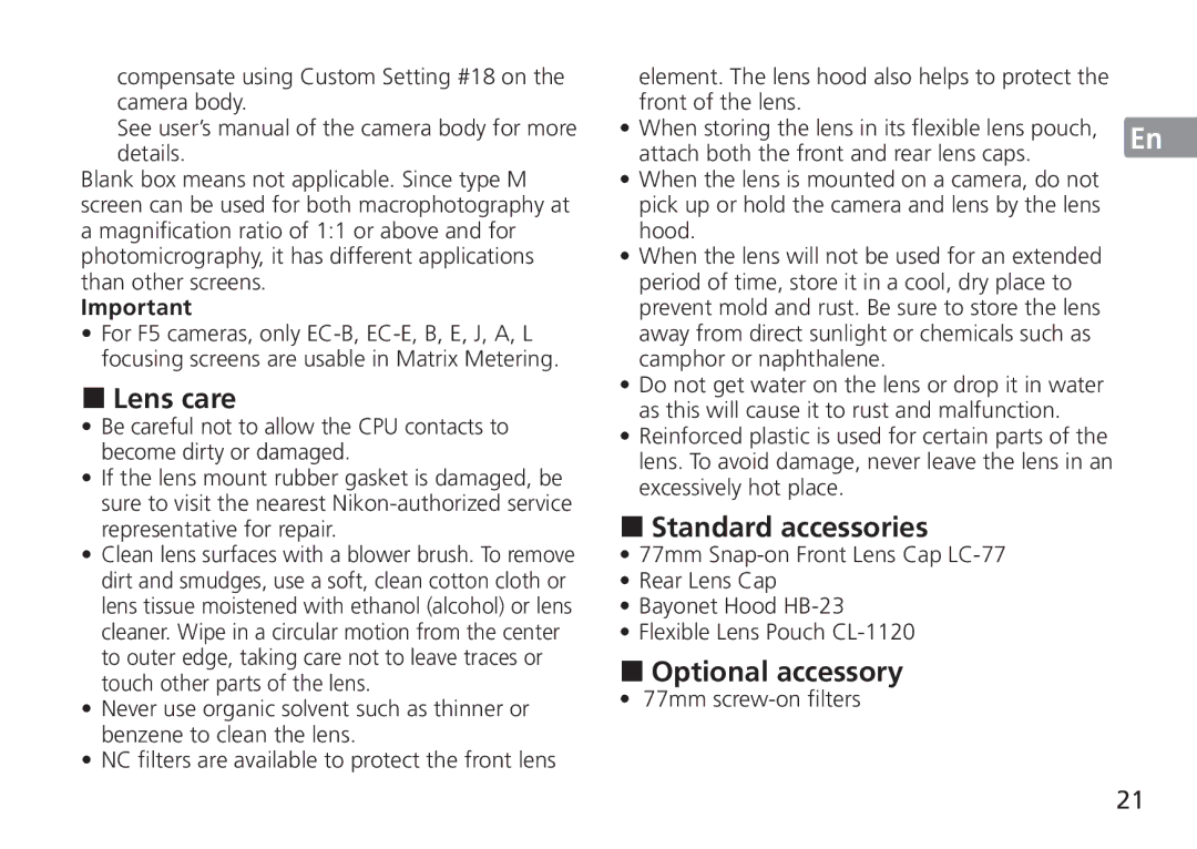 Nikon AF-S manual Lens care, Standard accessories, Optional accessory, 77mm screw-on filters 