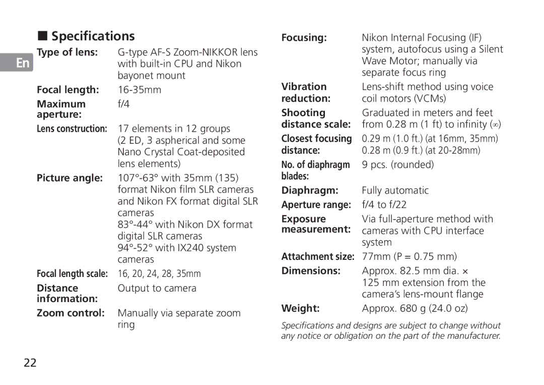 Nikon AF-S manual Specifications 