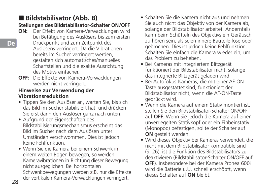 Nikon AF-S manual Bildstabilisator Abb. B, Ru Hinweise zur Verwendung der, Vibrationsreduktion 