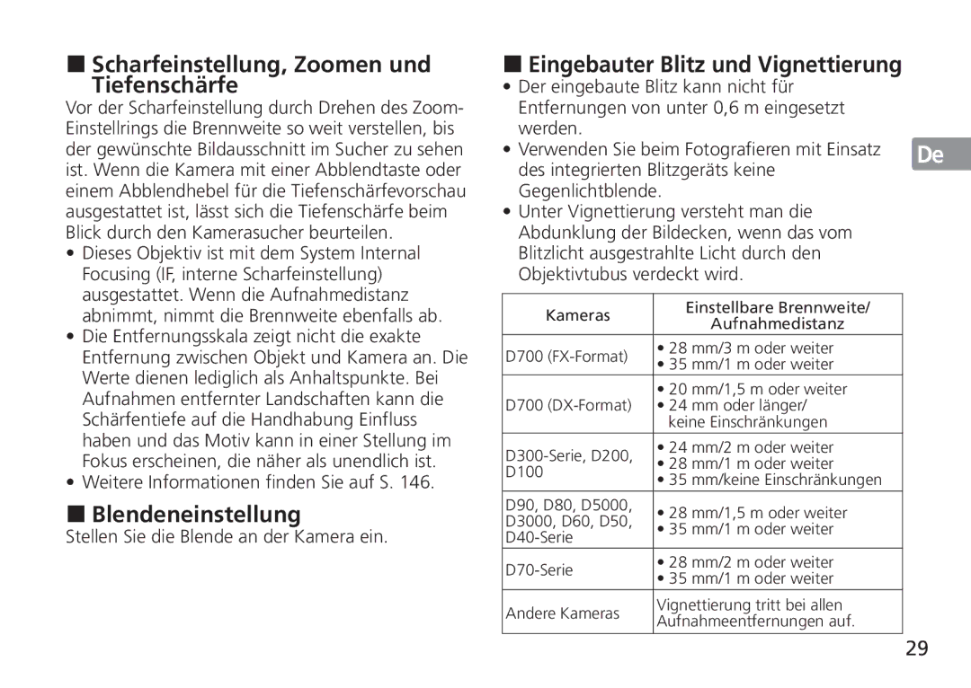 Nikon AF-S manual Scharfeinstellung, Zoomen und Tiefenschärfe, Blendeneinstellung, Stellen Sie die Blende an der Kamera ein 