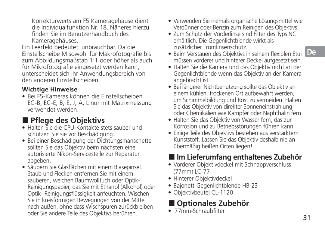 Nikon AF-S manual Pflege des Objektivs, Optionales Zubehör, 77mm-Schraubfilter 