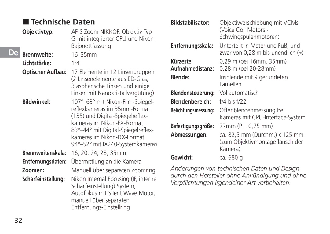 Nikon AF-S manual Technische Daten 