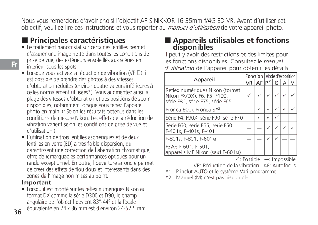 Nikon AF-S manual Disponibles, Intérieur sous les spots, Dutilisation, Lentilles en verre ED a tres faible dispersion, qui 