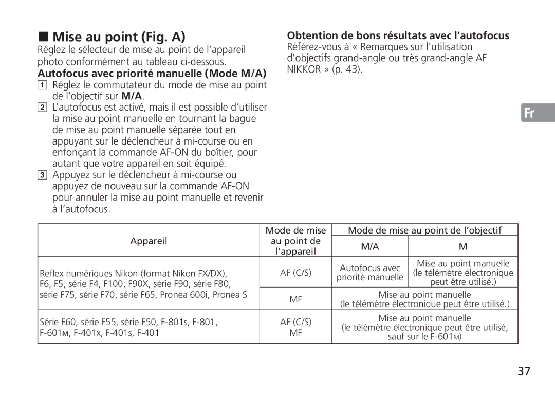 Nikon AF-S manual Mise au point Fig. a, Autofocus avec priorité manuelle Mode M/A 