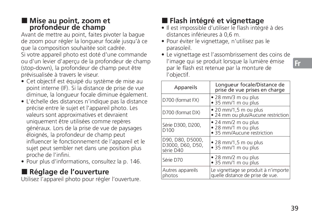 Nikon AF-S manual Mise au point, zoom et profondeur de champ, Réglage de l’ouverture, Flash intégré et vignettage 