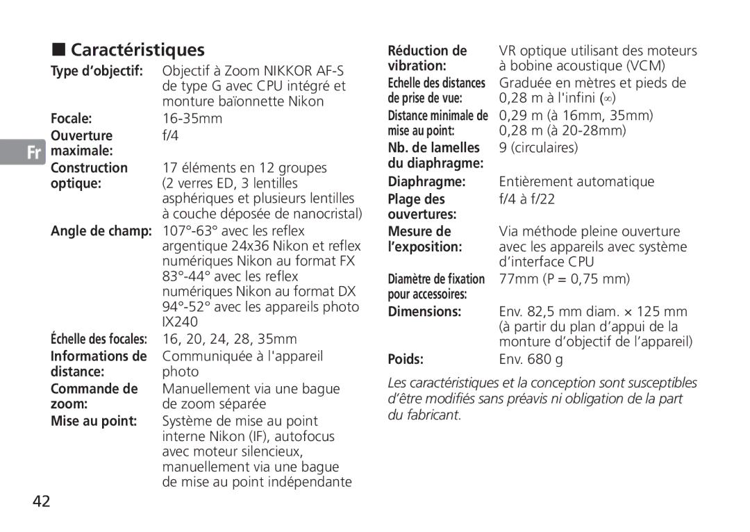 Nikon AF-S manual Caractéristiques 